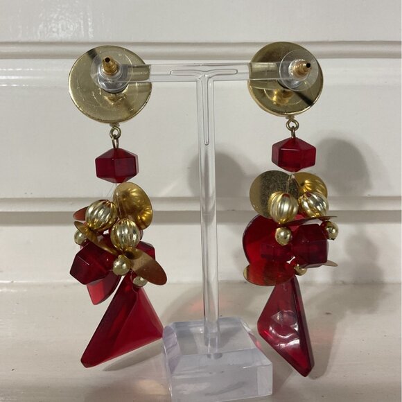 Red and Gold Geometric Heart Large Dangle Drop Earrings - Picture 3 of 3